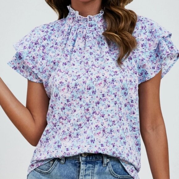 Half High Collar Double Layered Sleeve Printed Short Sleeved - Picture 1 of 1